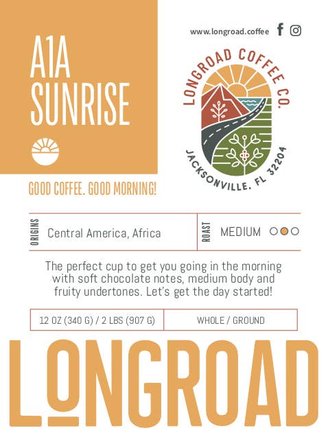 A1A Sunrise Blend 12 oz for wholesale by Longroad Coffee Company