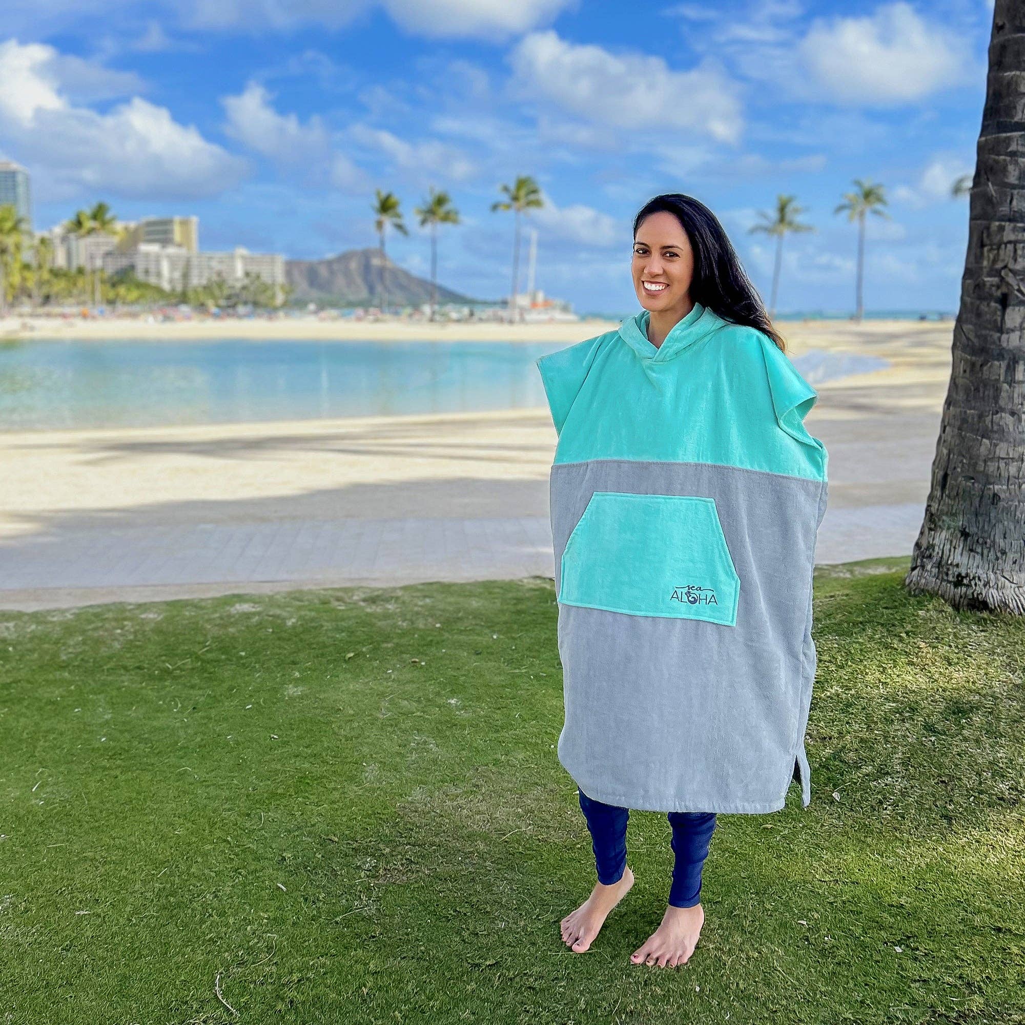 REMOVED BRAND - Wholesale Poncho - Unisex - Terry Velour Surf Poncho (Turquoise/Gray)5