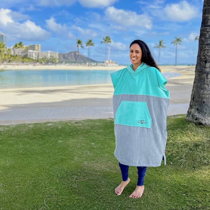 REMOVED BRAND - Wholesale Poncho - Unisex - Terry Velour Surf Poncho (Turquoise/Gray)5