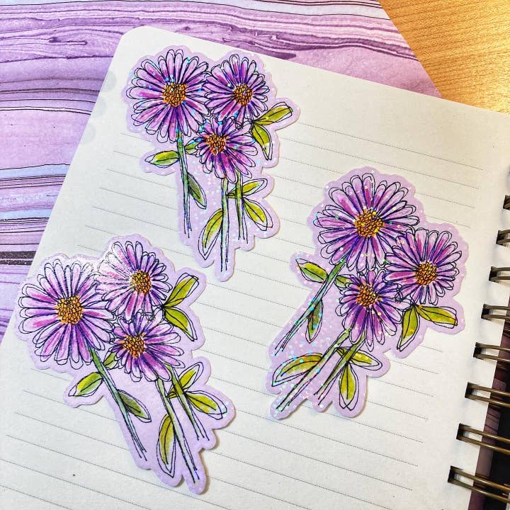 Adesivo de brilho impermeável roxo Aster Flowers por atacado de stickersbyjodi