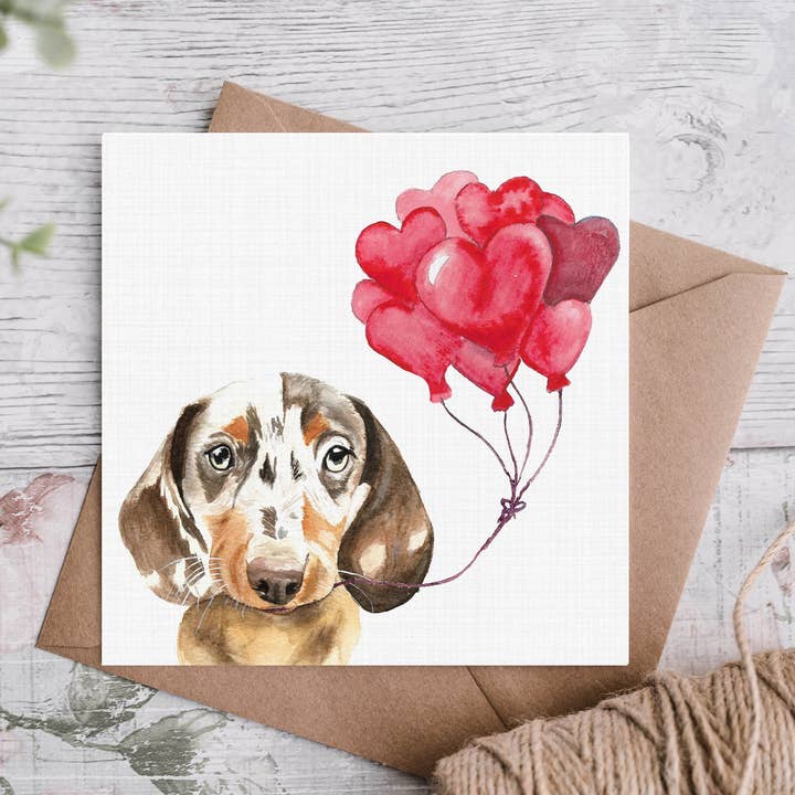 Biglietto di San Valentino con bassotto al cioccolato e dapple per la vendita all'ingrosso da parte di Cloud Jellybean Art