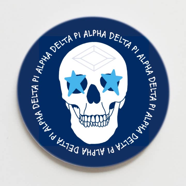 Alpha Delta Pi Greek Skull Button - 3.00 inch for wholesale by Good Vibez Collegiate