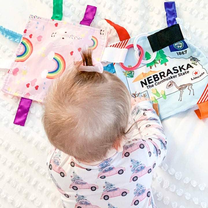 Baby Jack and Company - Wholesale Crinkle Tag Toy - Baby - Nebraska State Baby Crinkle Tag Square 8"x 8" Toy
