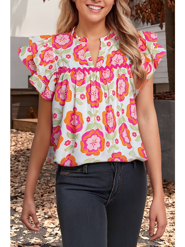 Multi Colored Floral Ruffle Sleeve Ric-Rac Trim Split Neck Blouse (S-XL) for wholesale on Faire