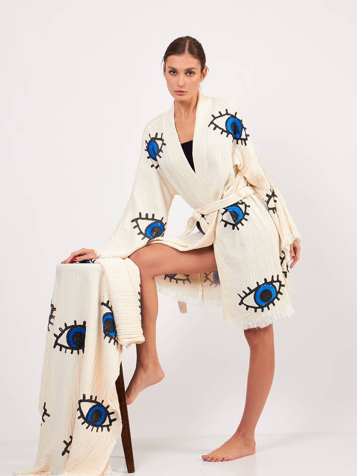 Yaz Concepts - Wholesale Kimono - Women's - Turkish Evil Eye Print Kimono Robe Blue Coverup10