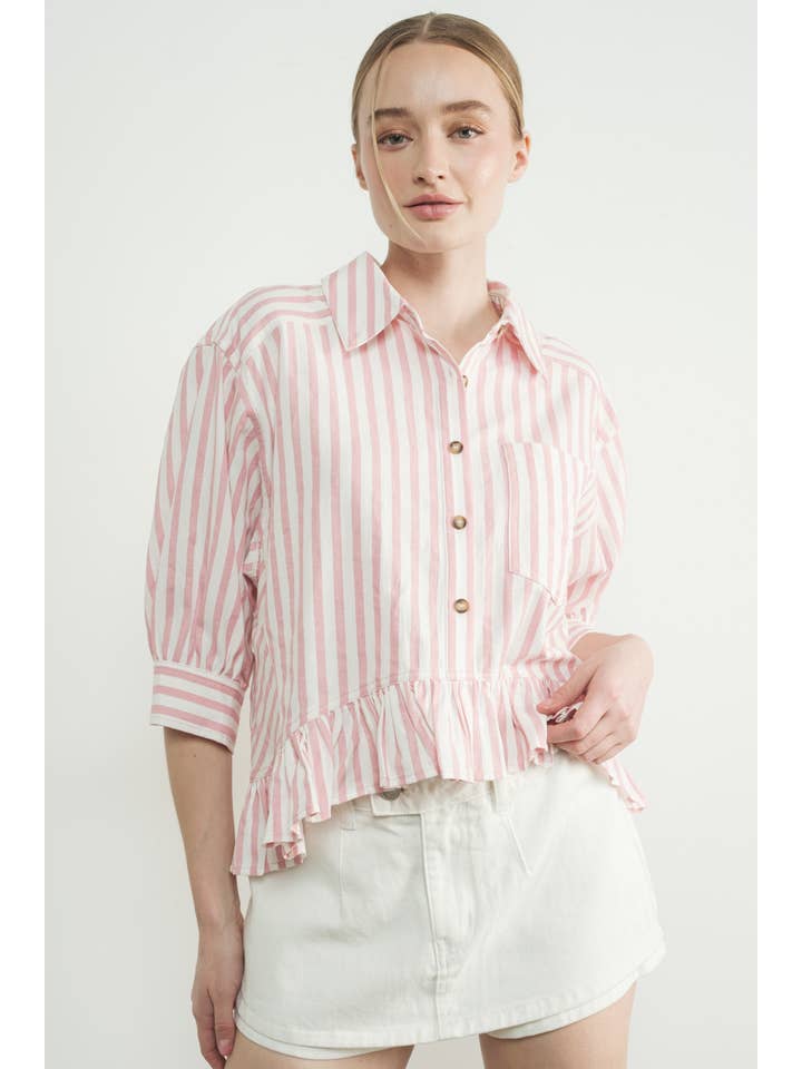 Aaron & Amber - Wholesale Button Down Shirt - Women's - MAT3223 STRIPE RUFFLE HEM SHIRTS