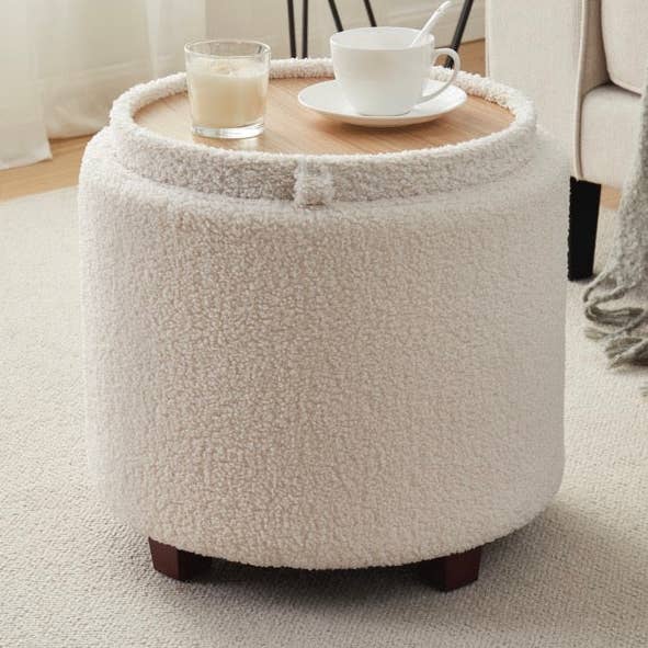 Lawrence Rund Bouclé Hvid Opbevaringspuf med Bordpladelåg for engroshandel hos Ornavo Home