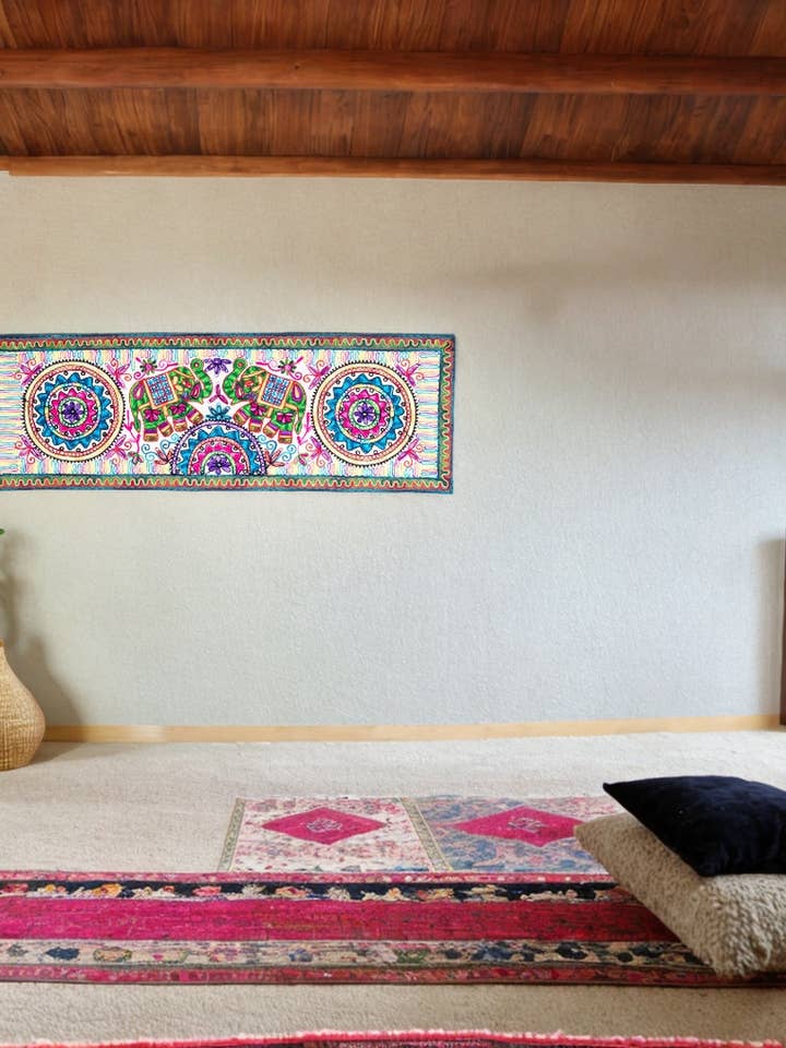 Multicolor Facing Elephants Tapestry for wholesale by Kimago's Home