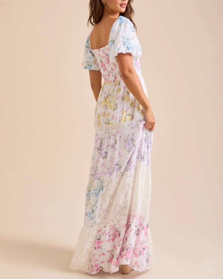 Color Sweet Puff Sleeve Floral Print Lace Splicing Swing Dress for wholesale on Faire3