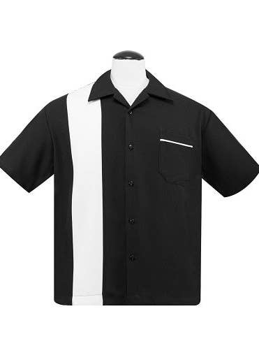 Chemise de bowling à panneau unique en popeline, noir/blanc pour la vente par Steady Clothing