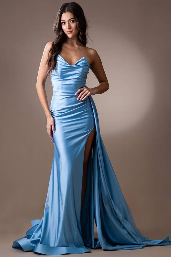 Babyfox Apparel – Großhandel Abendkleid – Damen – Schulterfreies Kleid mit ausgestelltem Rock, hohem Schlitz und Drapierung in der Taille19