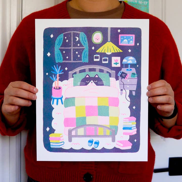 Megan Wang - Wholesale Art Print - Sleepy Cat Risograph Print2