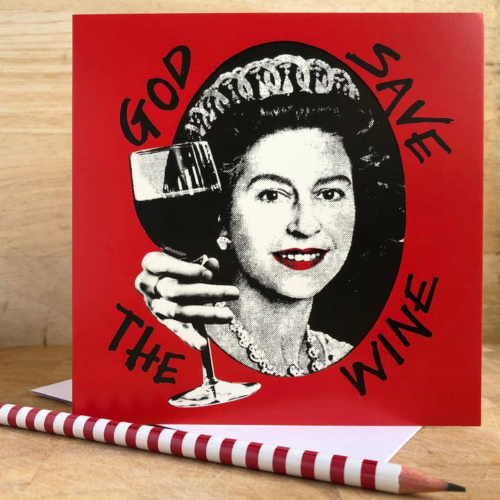 Large God Save the Wine Card for wholesale by Samantha Morris