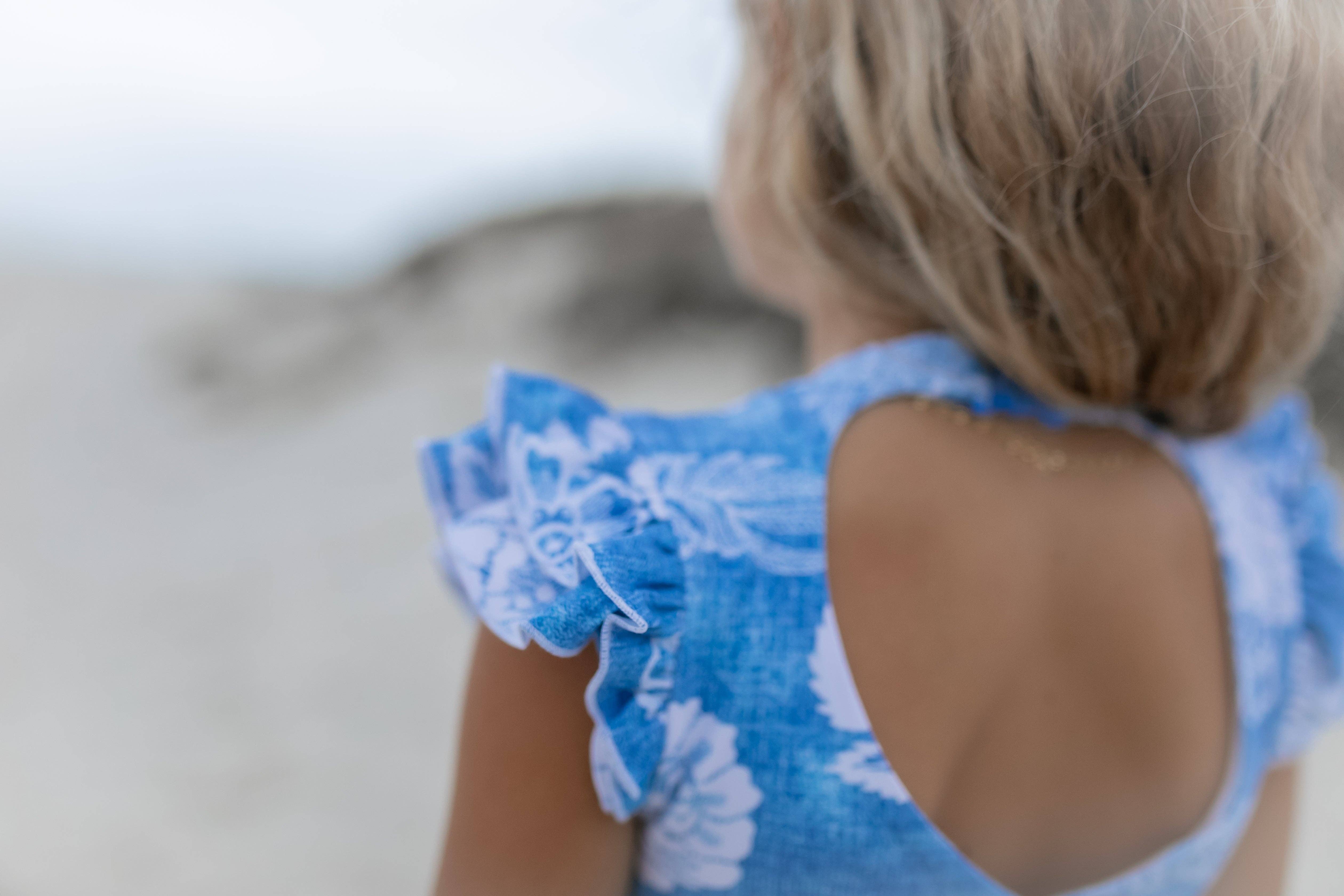 Oopsie Daisy - Wholesale One Piece Swimsuit - Kids - Kids Blue Floral Open Back One Piece Ruffle Swimsuit4