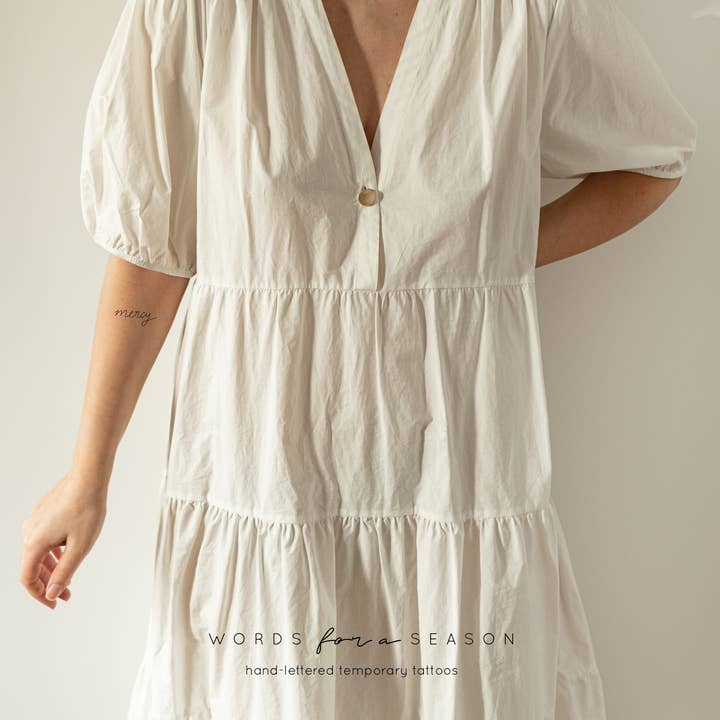 Mercy Calligraphy Temporary Tattoo | Skin and Hat Tattoo for wholesale by Words for a Season