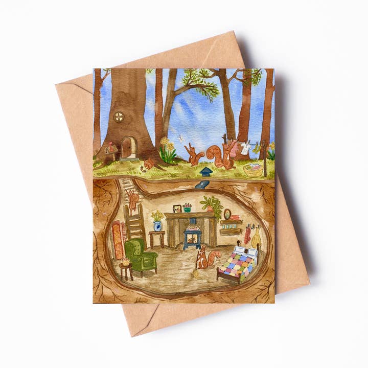 Carte de vœux simple "Printemps à Squirrel Hollow" pour la vente par Randi Lynn Reed Illustration