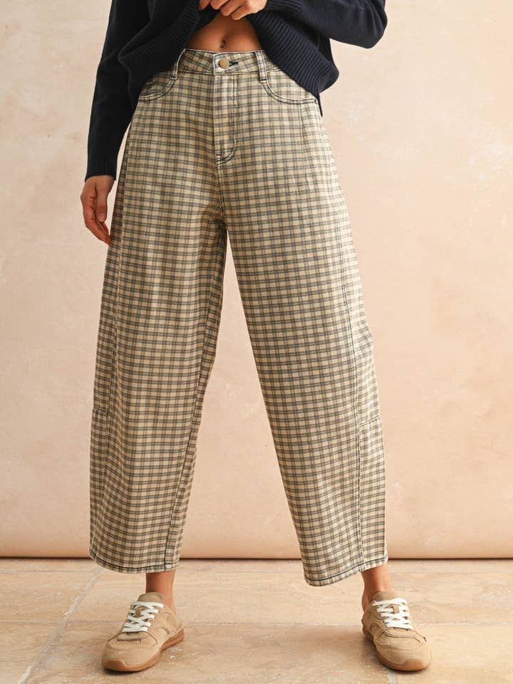 P5936 MINI CHECKER PATTERN BARREL PANTS for wholesale by MIOU MUSE