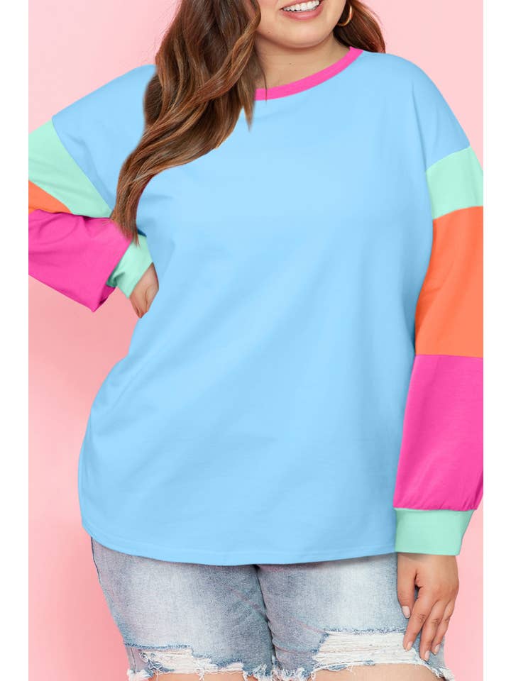 66DISCO - Wholesale T-Shirt - Women's - Color Block Round Neck Long Sleeve T Shirt (S-2XL)