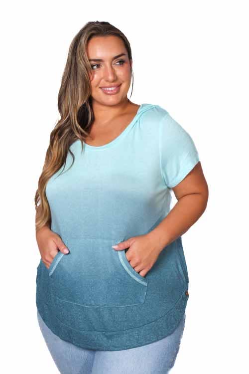 Good Stuff Apparel - Wholesale Hoodie - Women's - Women's Plus Short Sleeve Front Pocket Dip Dye Hoodie Top