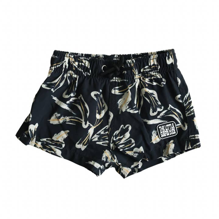Black Flower Swim Trunks for wholesale by The Little Surfer Dude