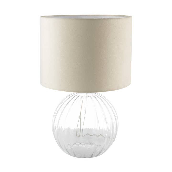Contemporary Clear Ribbed Glass Table Lamp with Velvet Fabric Shade for wholesale by Happy Homewares