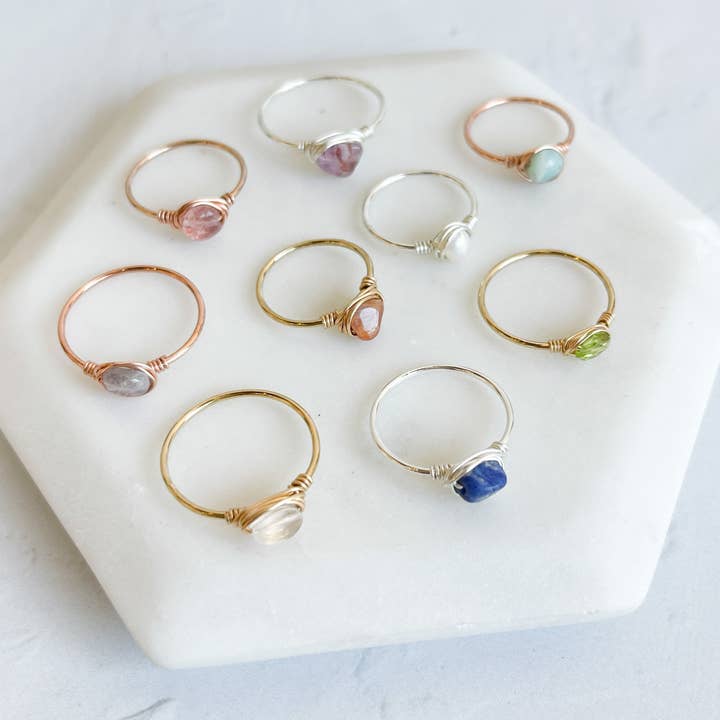 Red Giraffe Designs - Wholesale Single Stone/Solitaire Ring - Assorted Semi-Precious Stone Wire Wrapped Rings