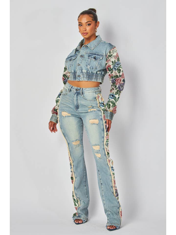 Pink Flower Print Tapestry Denim Blend Jeans for wholesale on Faire