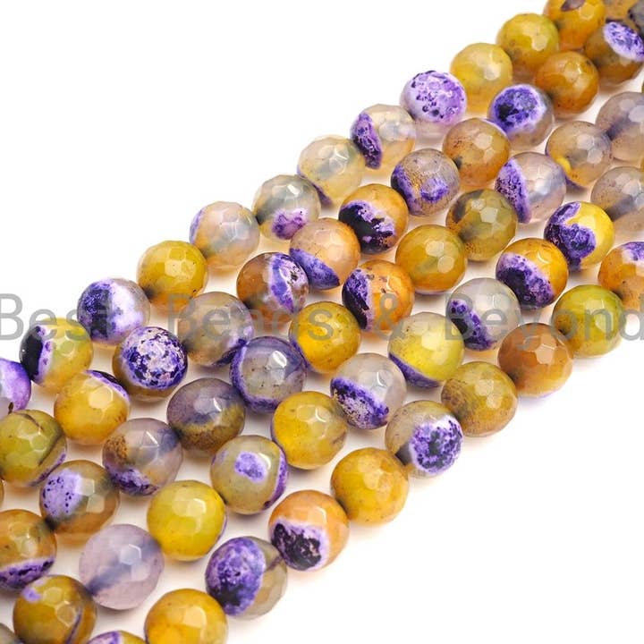 BestBeads&Beyond – Missangas por atacado – Contas de ágata de fogo amarelo roxo natural, contas de ágata de fogo facetadas redondas de 6 mm/8 mm/10 mm, fio completo de 15,5 “, Sku #UA702