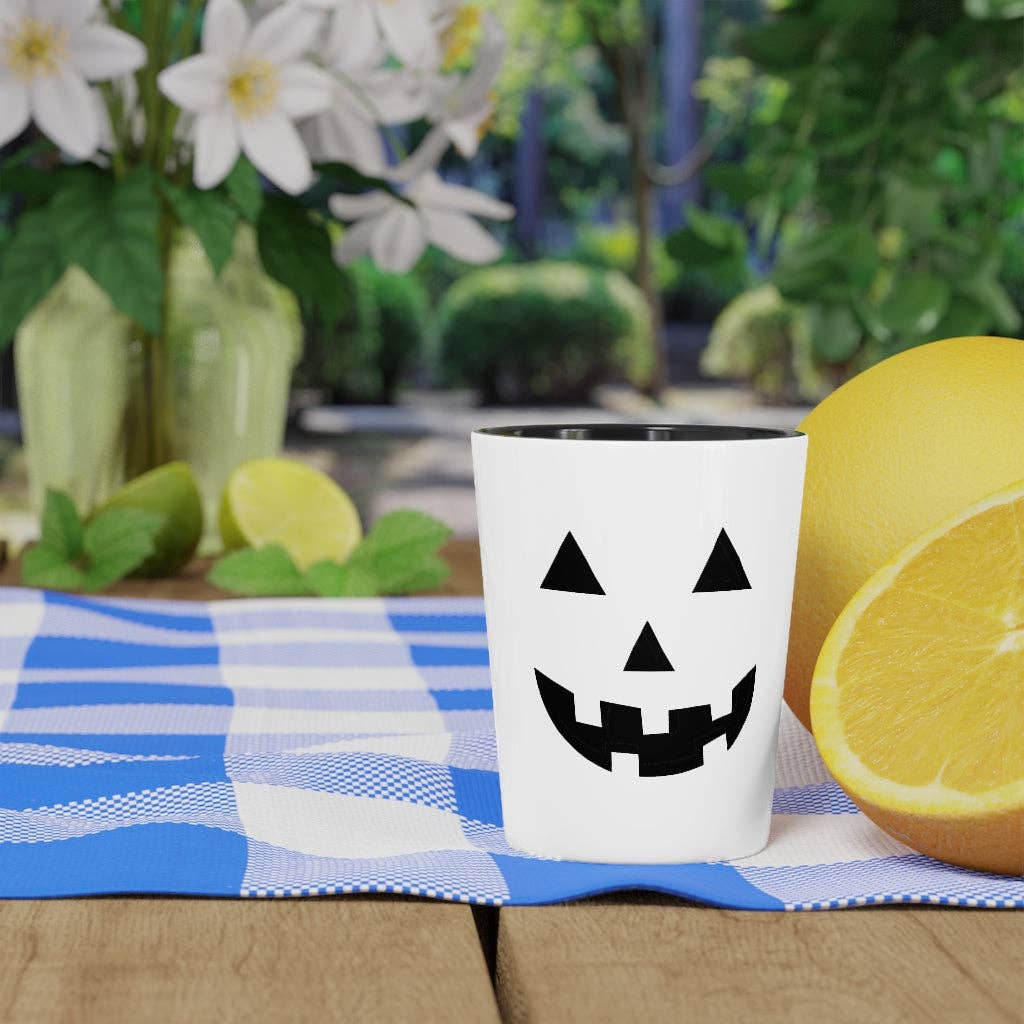 Black Shot Glass Party Ceramic Tequila  Humorous Pumpkins Illustration Tricks Treats Enthusiasts Pun Hilarious Tricking for wholesale on Faire4