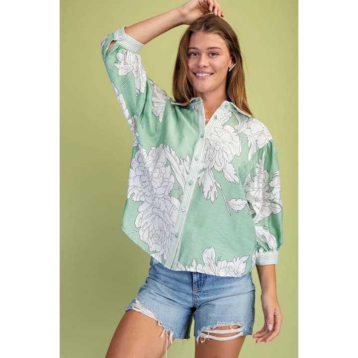 Floral Print Button Down with Striped Accents for wholesale by BNS