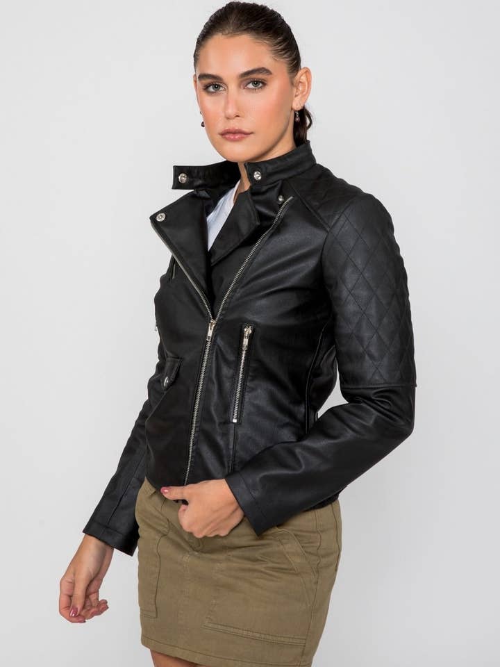 Svart Dam Scarlett Biker PU Faux Skinnjacka för wholesale på Faire
