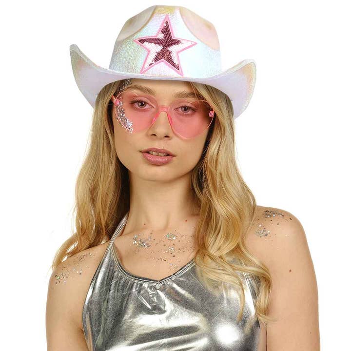 Funcredible – Großhandel Cowboyhut – Damen – Holographischer Cowgirl-Hut, weiß, mit Brille und Glitzer