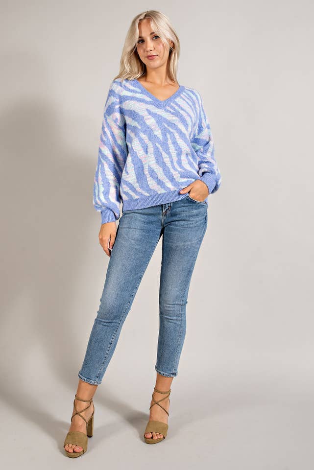 BLUE MULTI TT2273 ZEBRA PRINT V-NECK PULLOVER SWEATER for wholesale on Faire