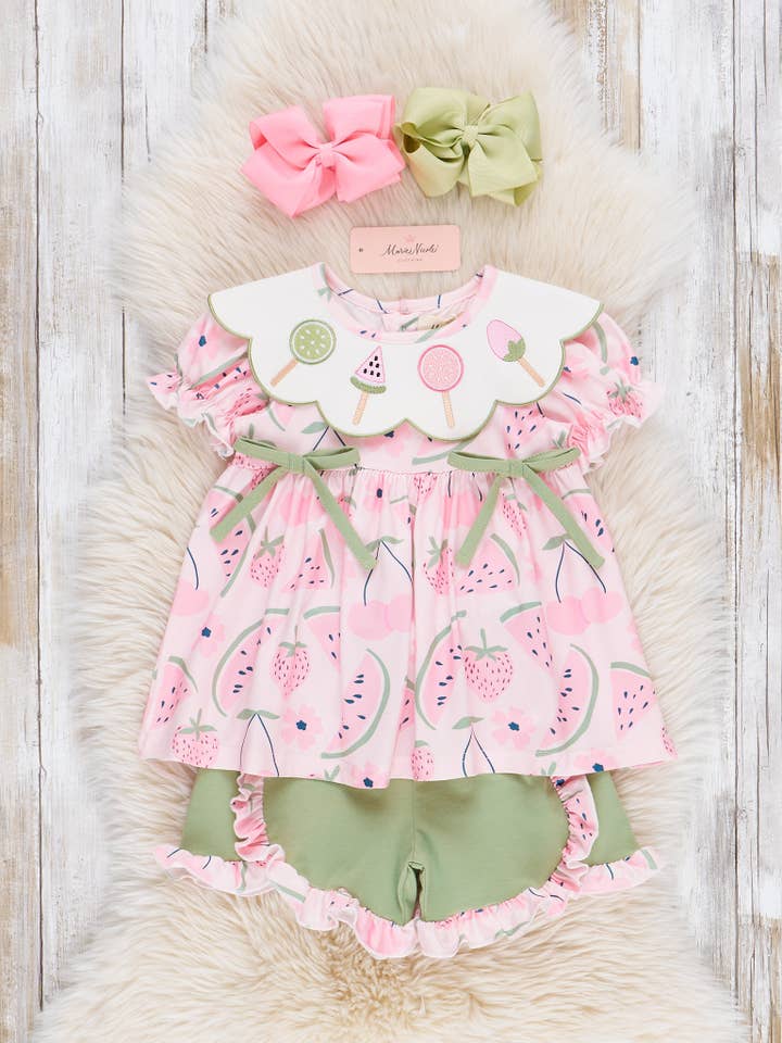 Marie Nicole Clothing - Wholesale Top & Short Set - Kids - Watermelon Pops Embroidered Ruffle Outfit