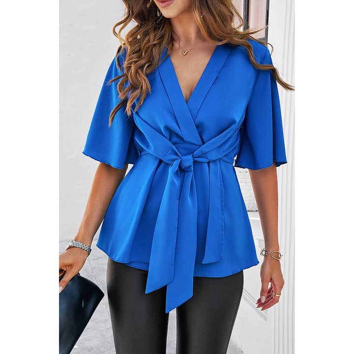 Supreme Fashion - Wholesale Blouse - Women's - V Neck Peplum Tie Front Short Bell Sleeve Shirt13
