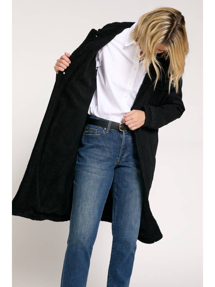 Oliver Logan - Wholesale Coat - Women's - James Denim Long Coat Sherpa Lined, Black