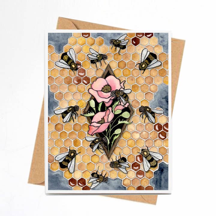 Carte-note « Bee Repetition » faite à la main pour la vente par PinkPolish Design