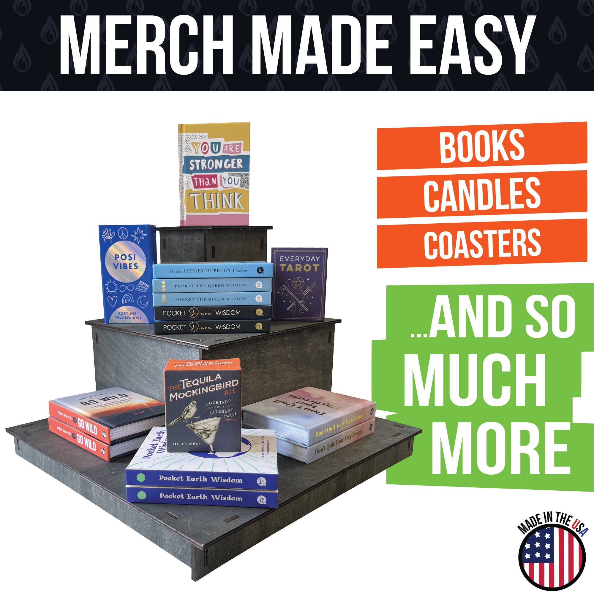 Torched Displays - Wholesale Displaystandaard/case voor retailer - Draagbaar houten displayrek met 3 niveaus voor in de hoek14