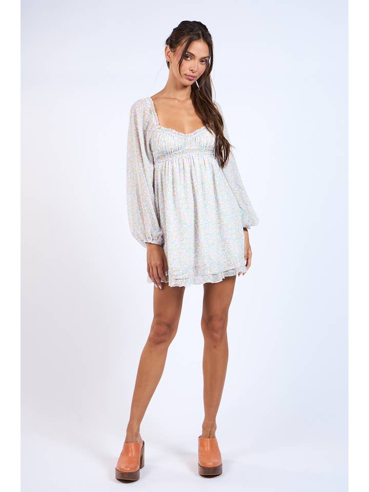 Lovely Bae DITSY FLORAL LONG SLEEVE RUFFLE TRIM MINI DRESS for wholesale on Faire2