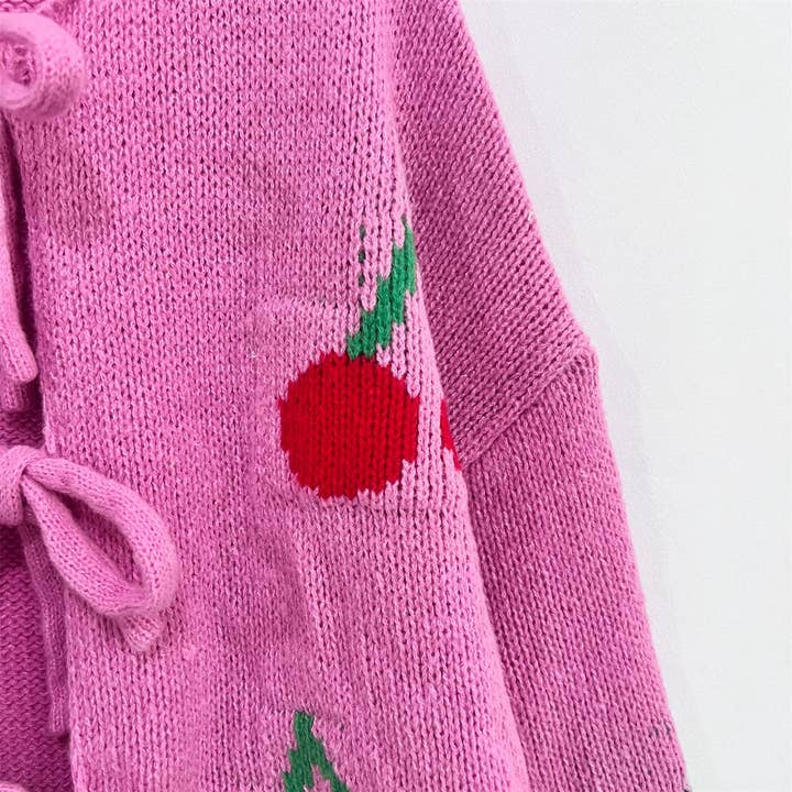 Little Trendy - Wholesale Cardigan - Women's - Bow tie Cherry jacquard knitted cardigan coat