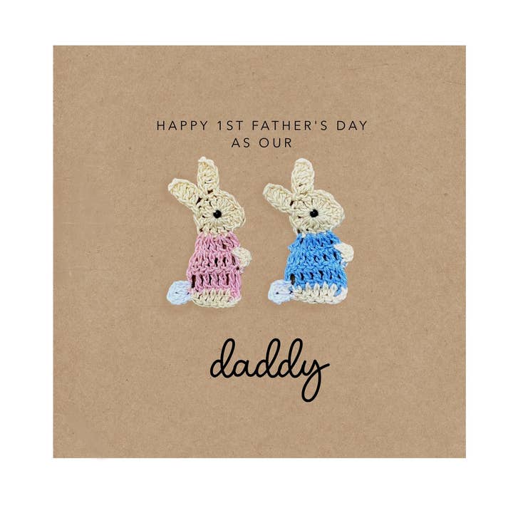 Happy 1st Fathers Day card Twins, Rabbit First Fathers Card for wholesale by Fifi's Handcrafted