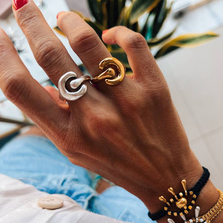 Goupi - Wholesale Cocktail/Statement Ring - Artistic shaped hammered ring in gold and silver2