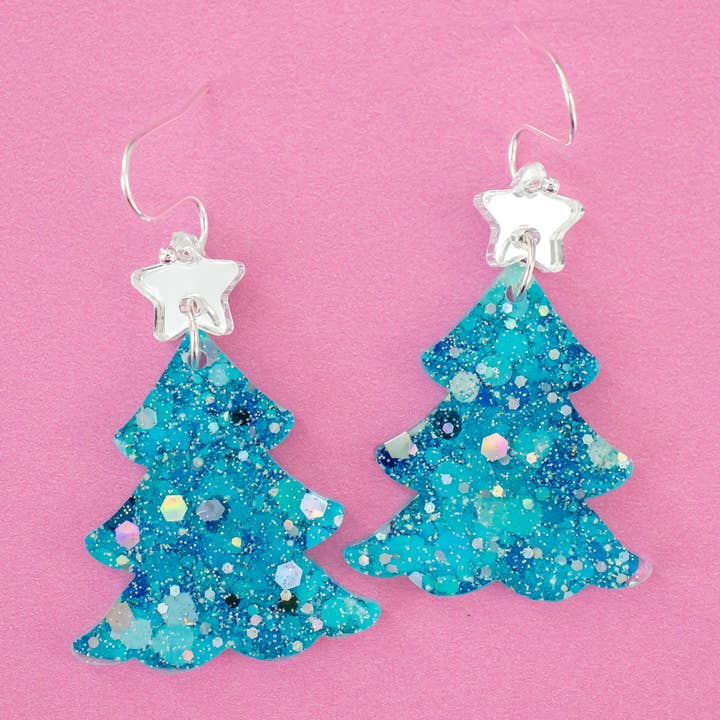 Glitter Christmas Tree Earrings Teal Holiday Acrylic Dangles for wholesale by Momenti di Vita