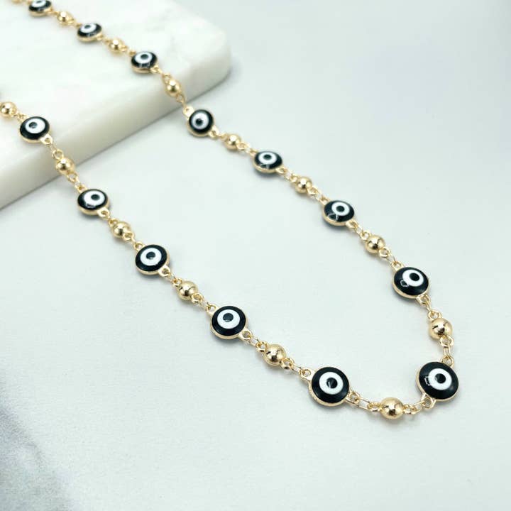 DIJU Jewelry - Wholesale Pendant/Charm Necklace - 18k Gold Filled Red or Black Enamel Evil Eyes Linked with Gold Balls Necklace, Protective & Lucky Jewel, Wholesale Jewelry Making Supplies3