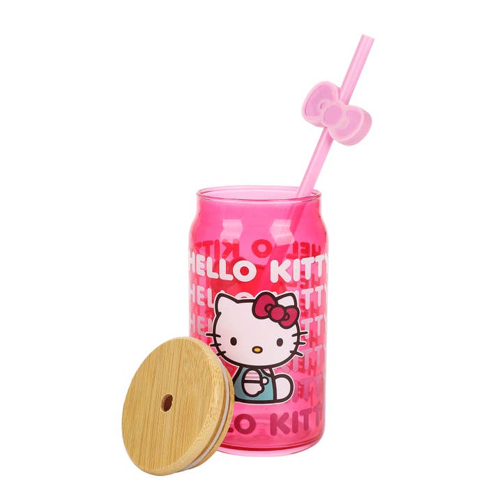 Bioworld Merchandising - Wholesale Drinking Glass/Cup - Hello Kitty Repeated Text 15oz Glass Cup with Straw and Lid2