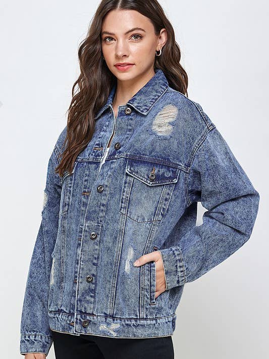 SH4038-DENIM OVERSIZED JACKET DISTRESSED WASHED for wholesale by Vibrato Clothing