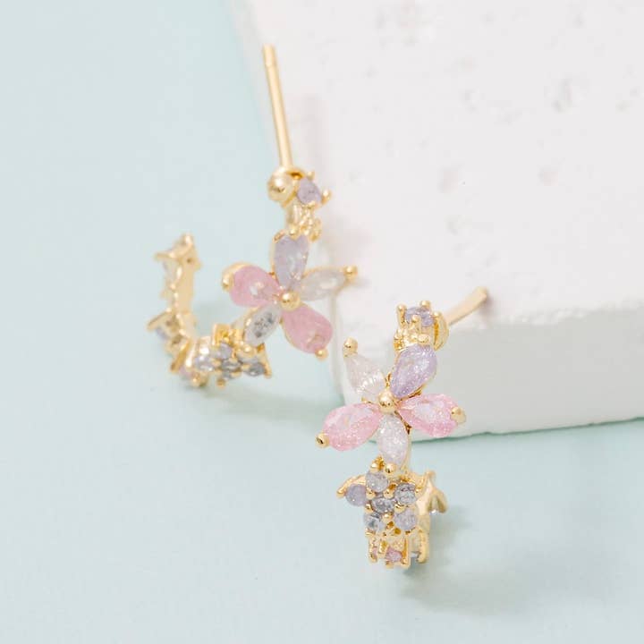 Gold Dipped Cz Multi Flower Dangle Earrings for wholesale by Fame Accessories