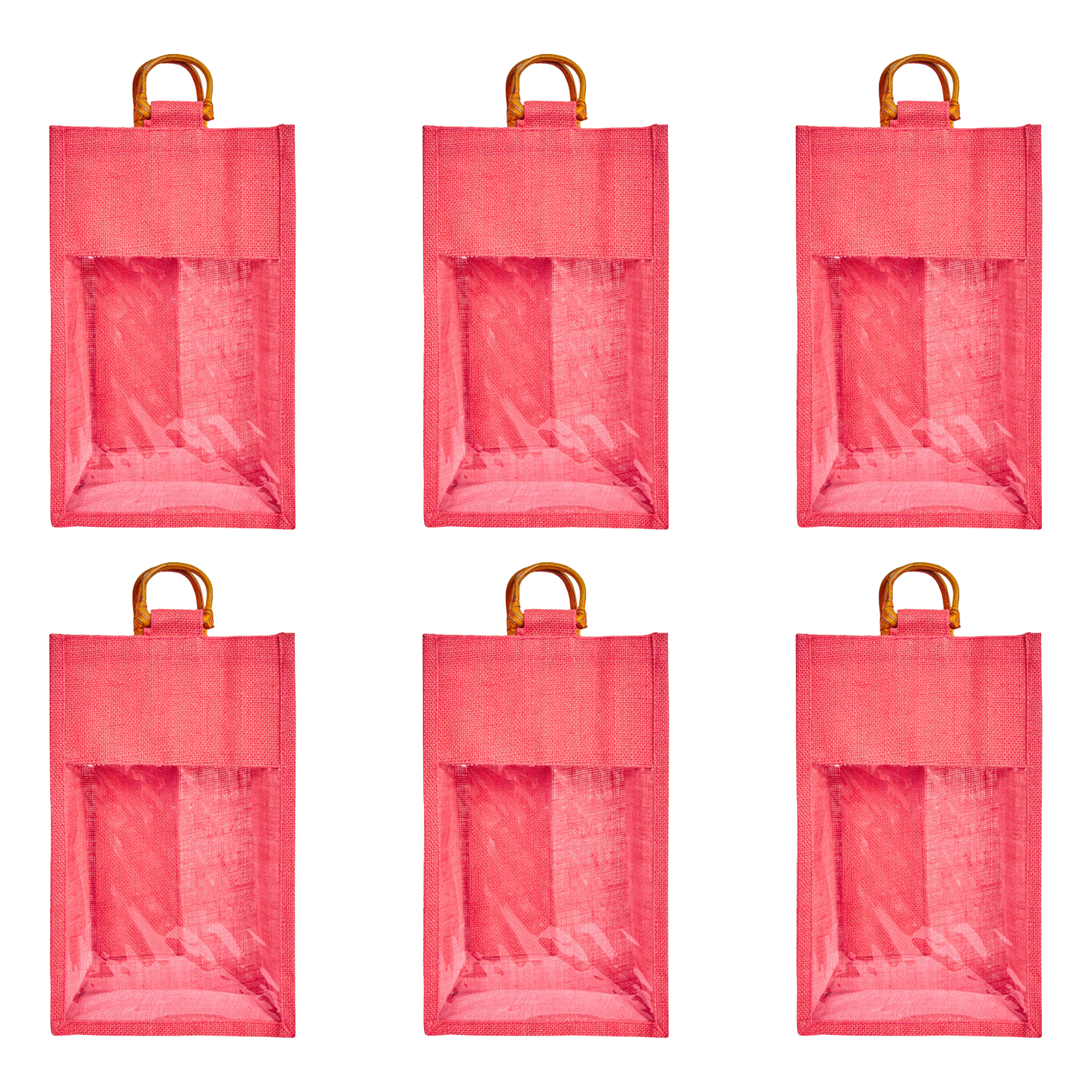 ecojutebags – wholesale Wine gift bag – 6-Pack Burlap Wine Bags with Cane Handle & Clear PVC Window8