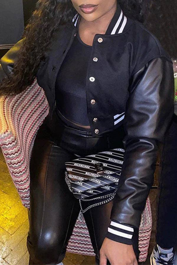 MB Fashion Wholesale - Wholesale Varsity/Baseball Jacket - Women's - MB FASHION CROPPED BUTTON DOWN JACKET 6466R4