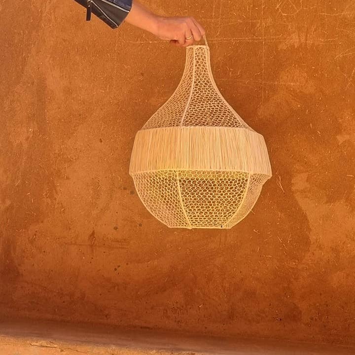 Moroccan lace Lantern tear shape braided raffia suspension for wholesale by MARRAKECH METACRAFT LTD
